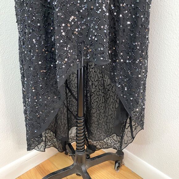 Vintage Black Bead Sequin Maxi Evening Dress Size 6 Formal Party Glam Goth Noir - Picture 6 of 13